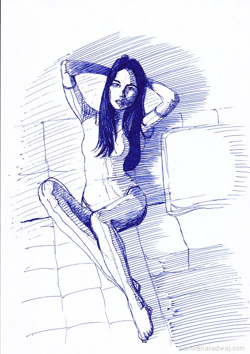 Pen Drawings - Woman posing on a sofa in a leotard