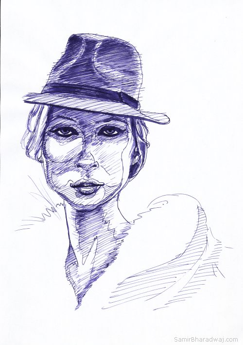 Pen Drawings - Portrait of a woman in a hat and furs