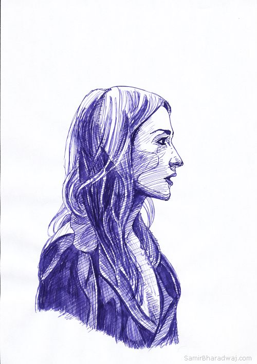 Pen Drawings - Blonde woman wearing a jacket in profile