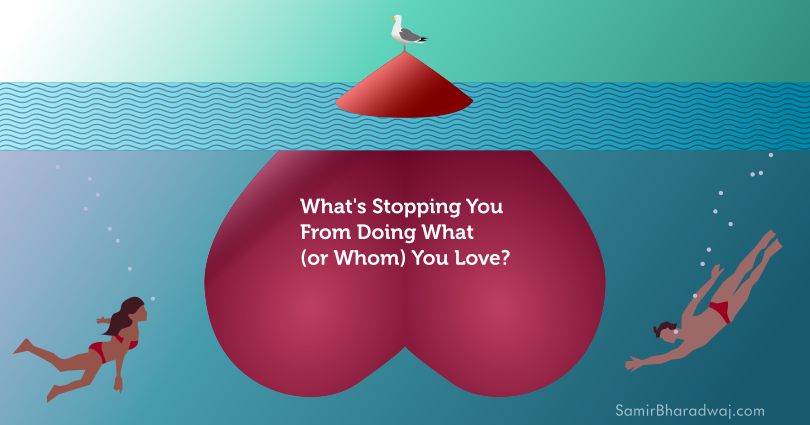 A couple dive towards a large submerged heart that's poking out of the sea with a seagull perched on it - What's Stopping You From Doing What (or Whom) You Love?
