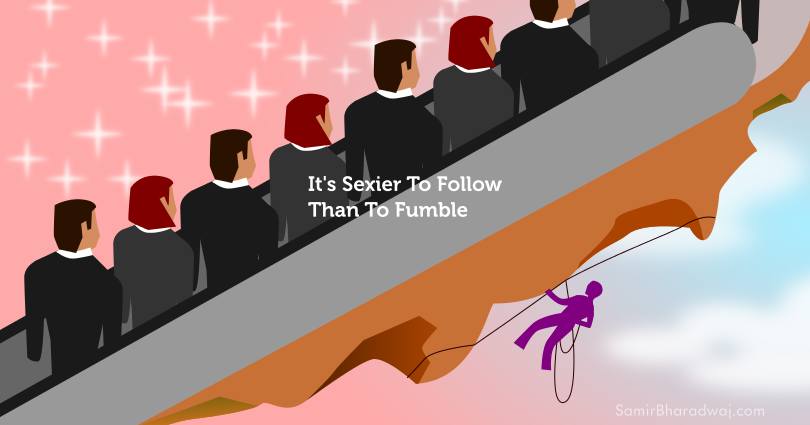 Corporate zombie horde on an escalator vs a rock climber - It's Sexier To Follow Than To Fumble
