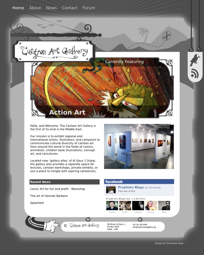 The Cartoon Art Gallery - WordPress site homepage layout and graphics